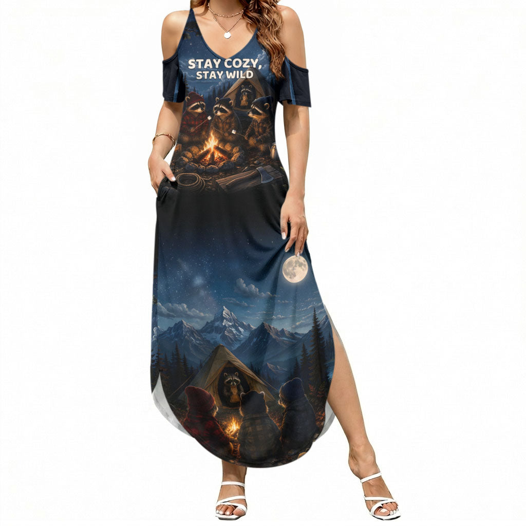 Raccoons Campfire Stay Cozy Stay Wild Summer Maxi Dress Starry Night Forest Wildlife