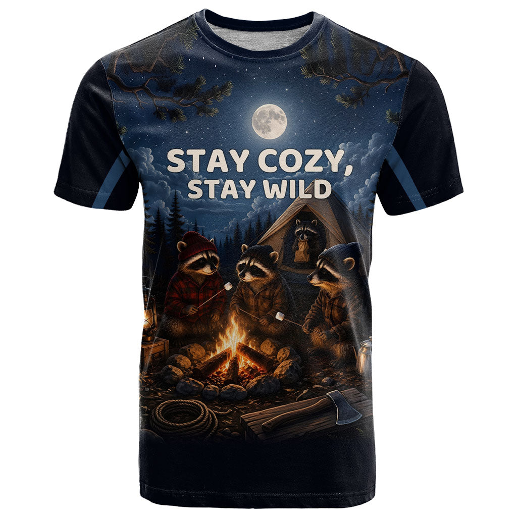 Raccoons Campfire Stay Cozy Stay Wild T Shirt Starry Night Forest Wildlife