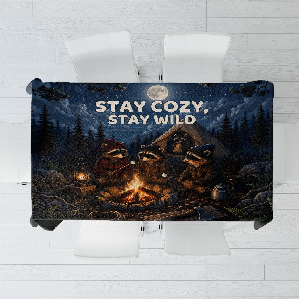 Raccoons Campfire Stay Cozy Stay Wild Tablecloth Starry Night Forest Wildlife