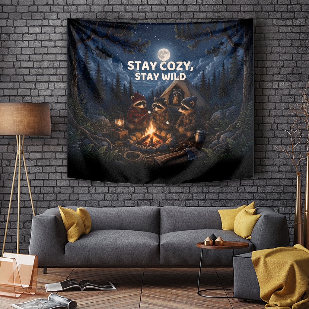 Raccoons Campfire Stay Cozy Stay Wild Tapestry Starry Night Forest Wildlife