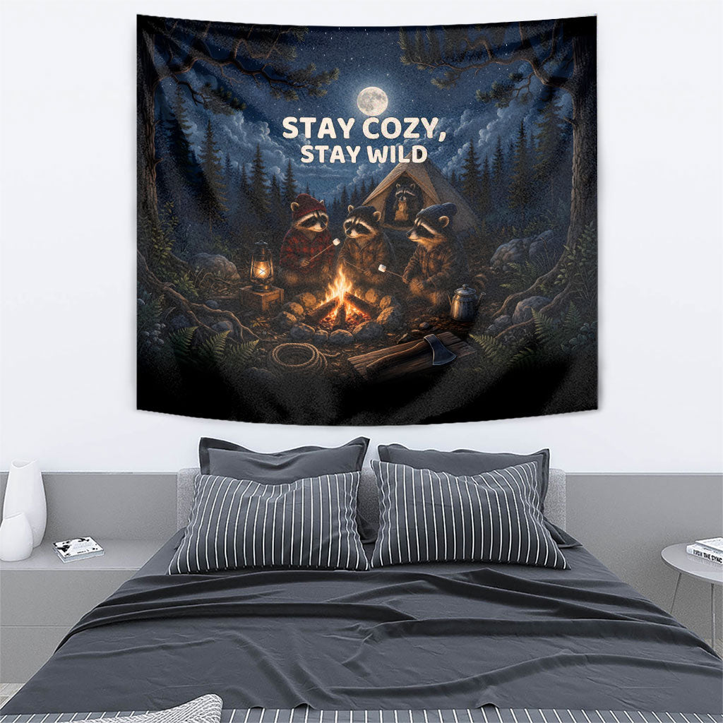 Raccoons Campfire Stay Cozy Stay Wild Tapestry Starry Night Forest Wildlife