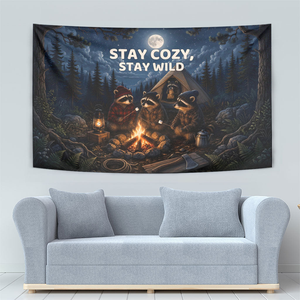 Raccoons Campfire Stay Cozy Stay Wild Tapestry Starry Night Forest Wildlife