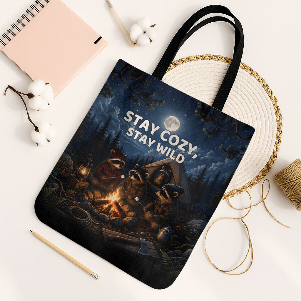 Raccoons Campfire Stay Cozy Stay Wild Tote Bag Starry Night Forest Wildlife
