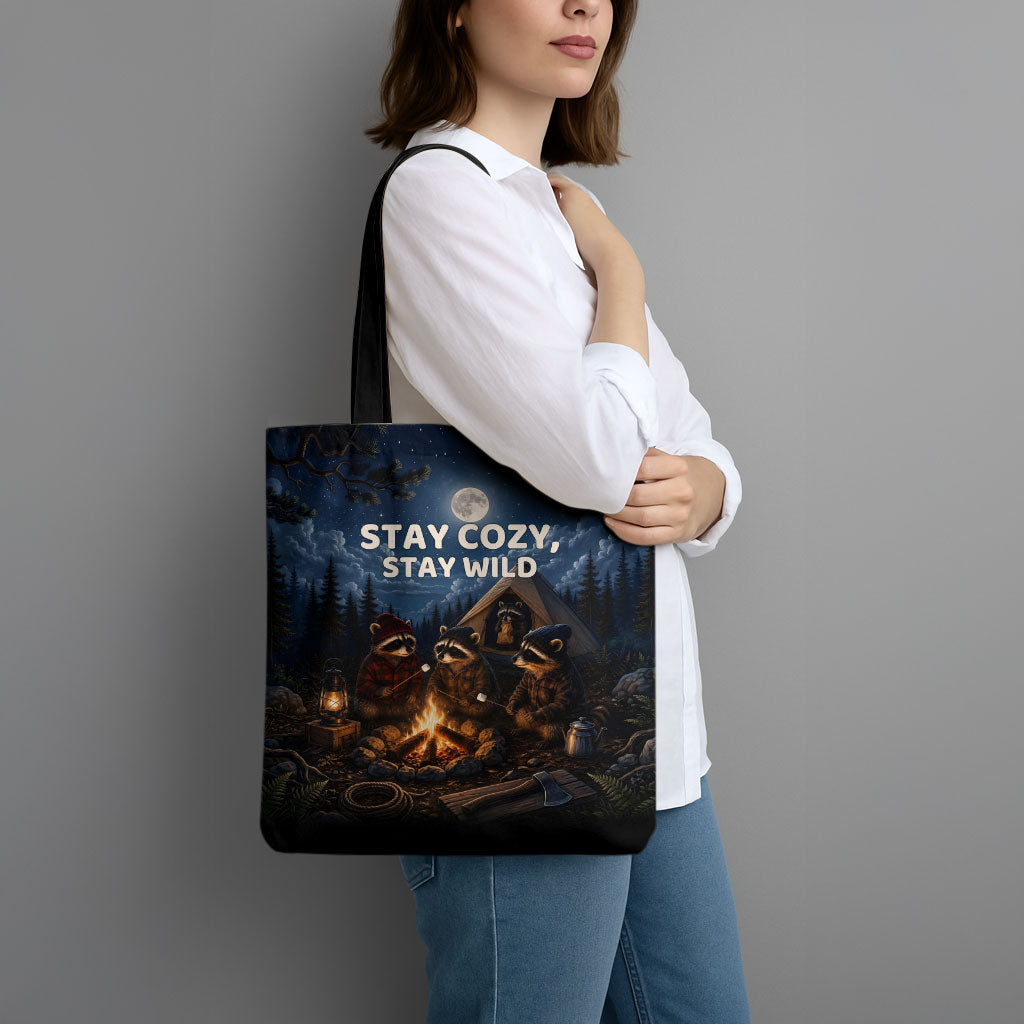 Raccoons Campfire Stay Cozy Stay Wild Tote Bag Starry Night Forest Wildlife