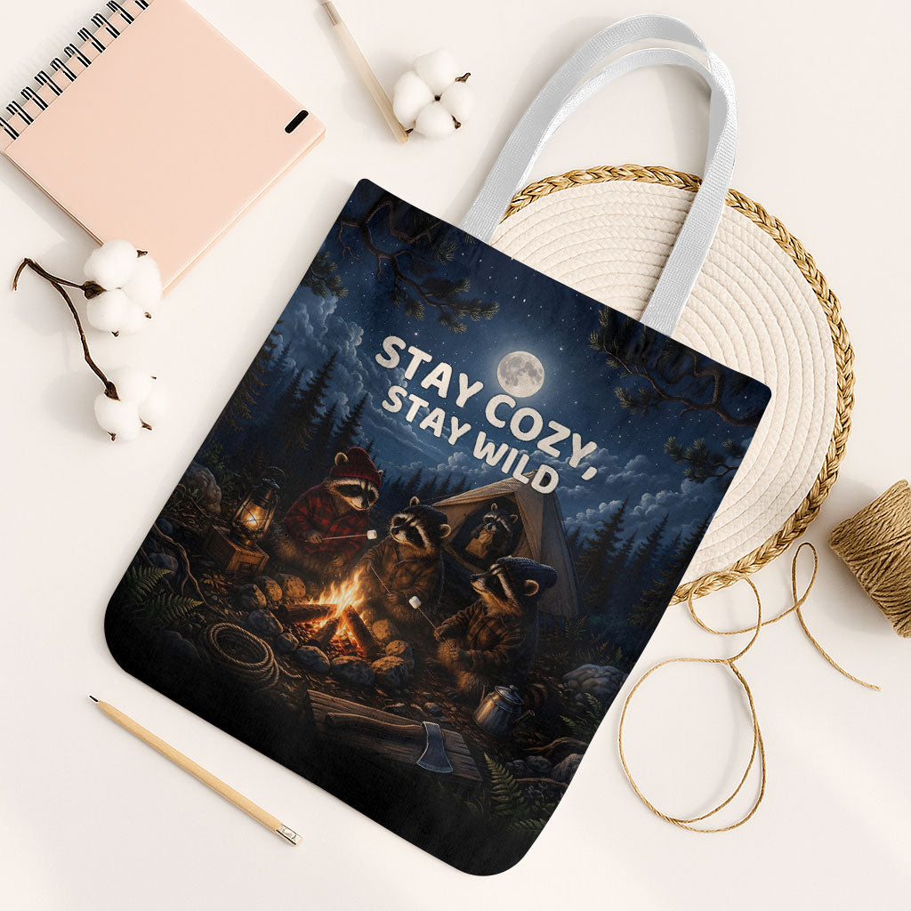 Raccoons Campfire Stay Cozy Stay Wild Tote Bag Starry Night Forest Wildlife