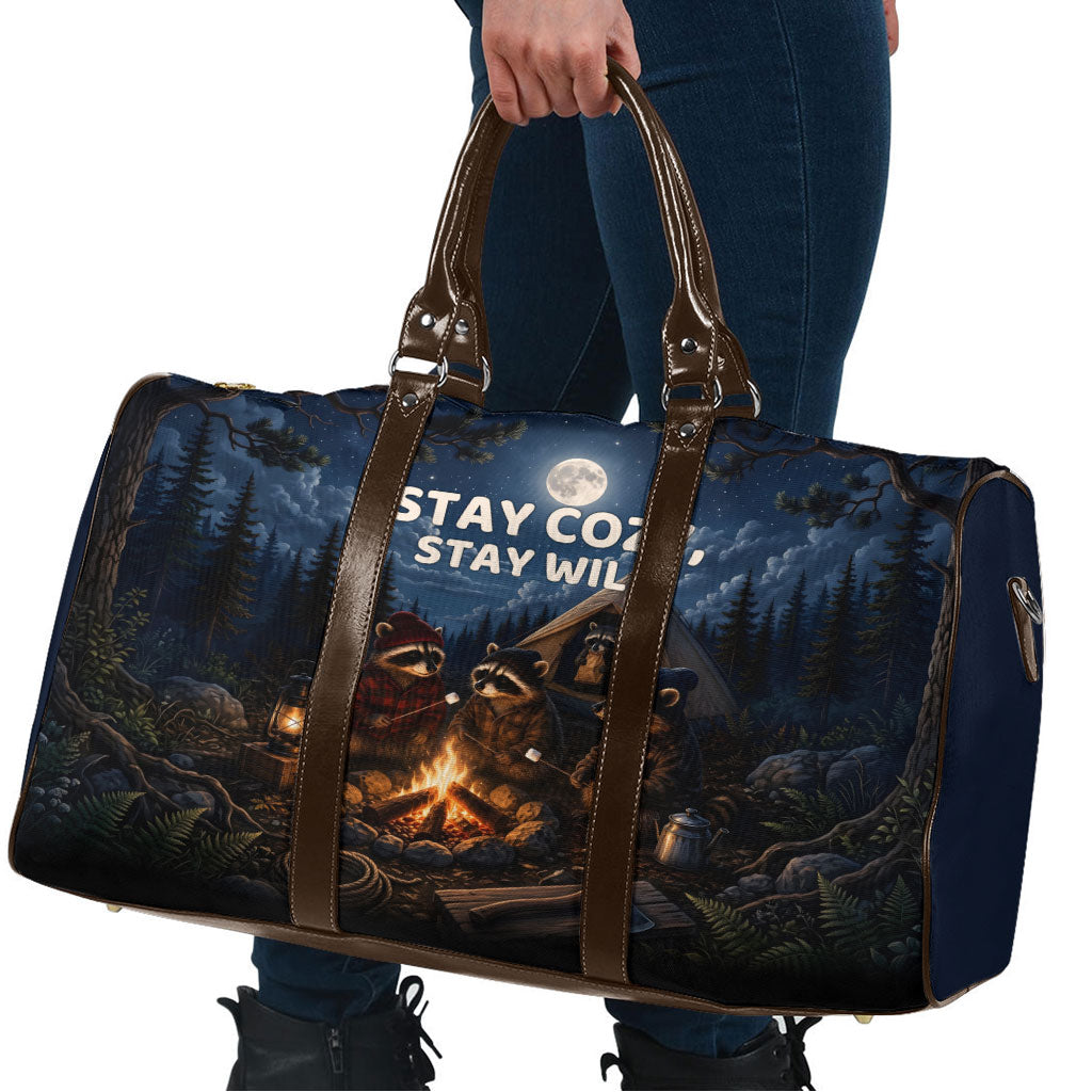 Raccoons Campfire Stay Cozy Stay Wild Travel Bag Starry Night Forest Wildlife