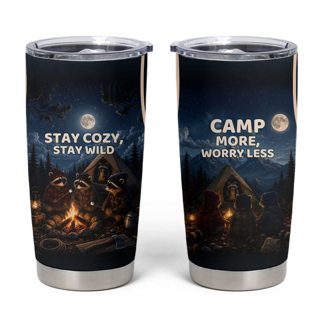 Raccoons Campfire Stay Cozy Stay Wild Tumbler Cup Starry Night Forest Wildlife