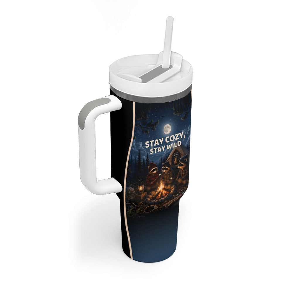 Raccoons Campfire Stay Cozy Stay Wild Tumbler With Handle Starry Night Forest Wildlife