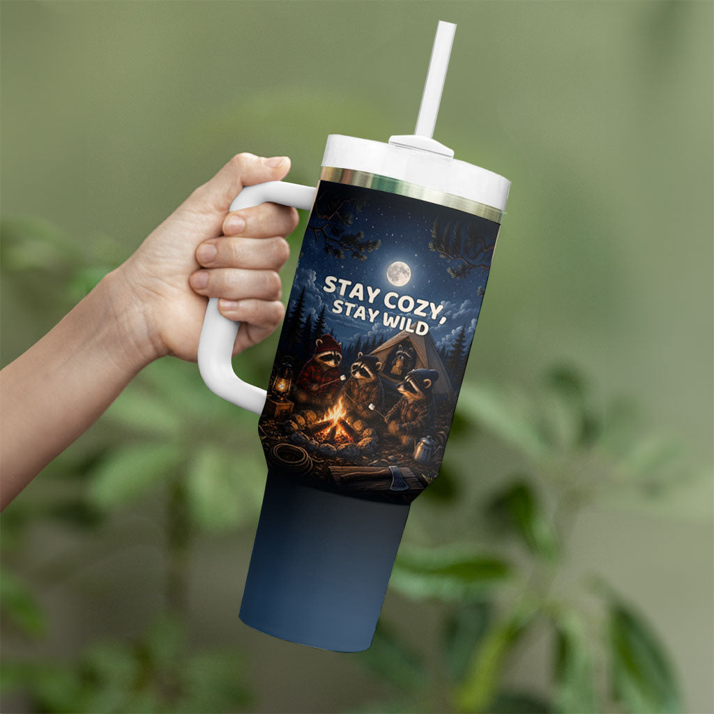 Raccoons Campfire Stay Cozy Stay Wild Tumbler With Handle Starry Night Forest Wildlife