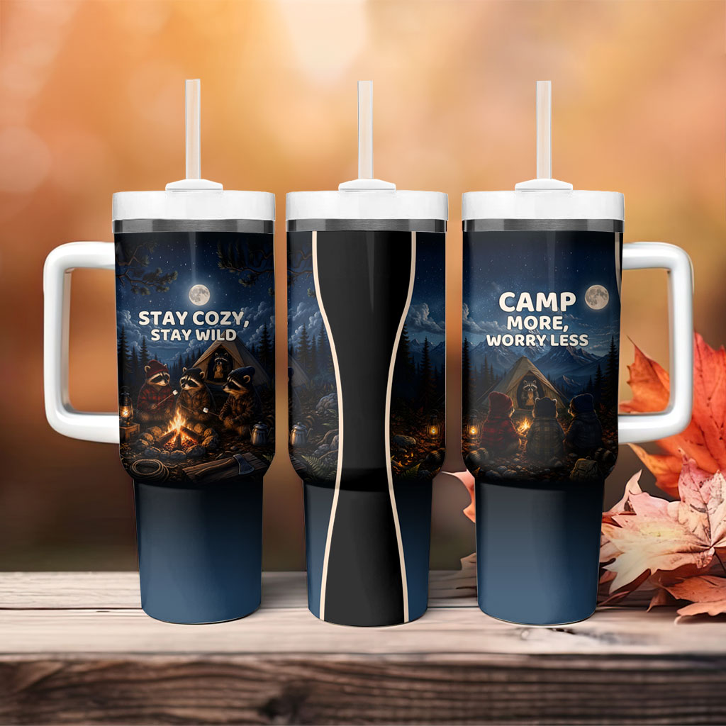 Raccoons Campfire Stay Cozy Stay Wild Tumbler With Handle Starry Night Forest Wildlife