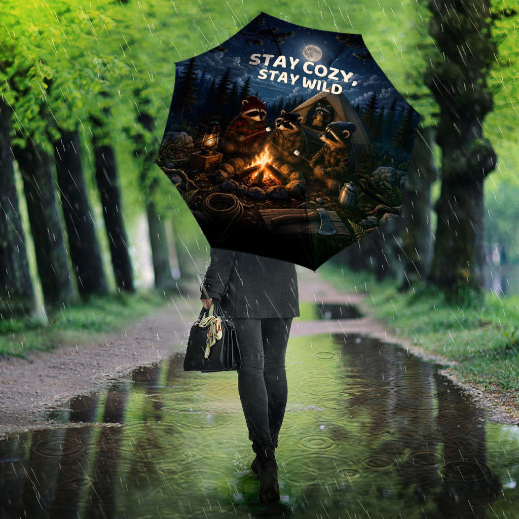 Raccoons Campfire Stay Cozy Stay Wild Umbrella Starry Night Forest Wildlife