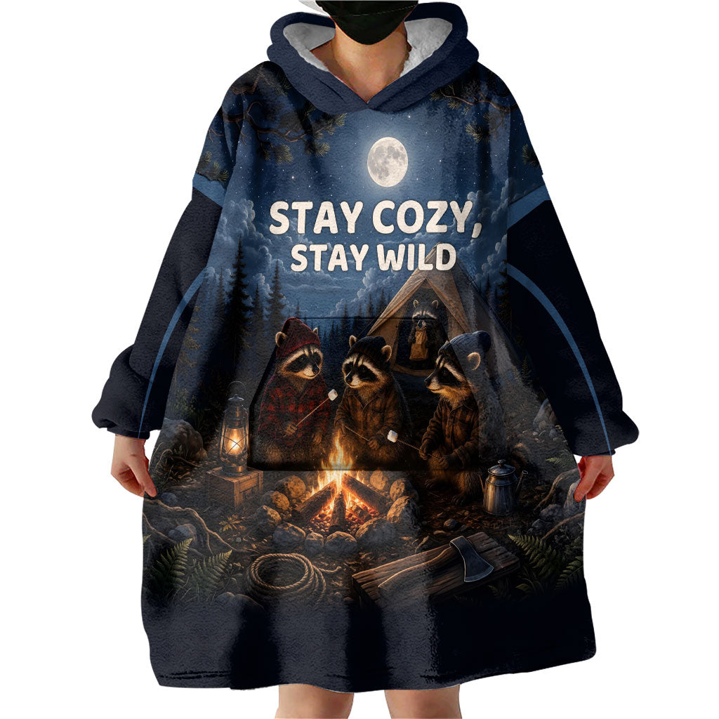 Raccoons Campfire Stay Cozy Stay Wild Wearable Blanket Hoodie Starry Night Forest Wildlife
