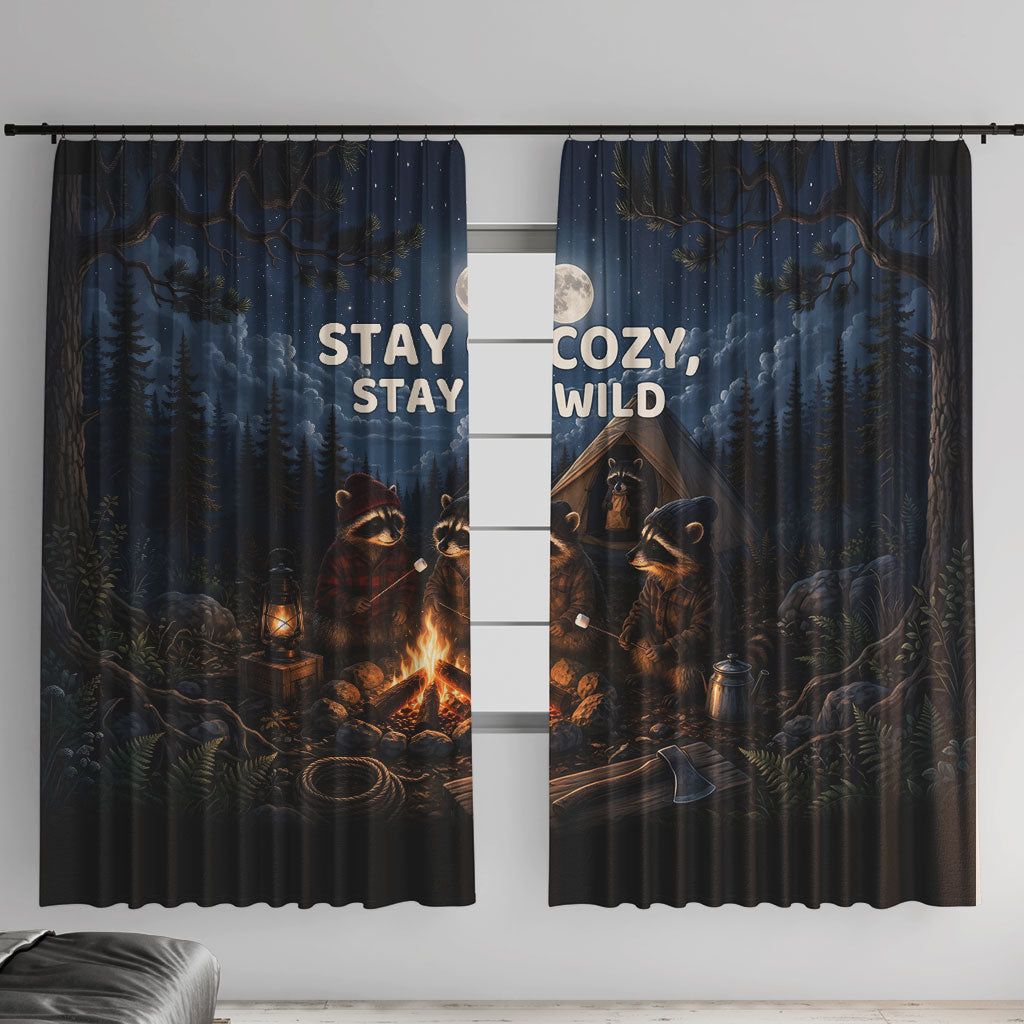 Raccoons Campfire Stay Cozy Stay Wild Window Curtain Starry Night Forest Wildlife