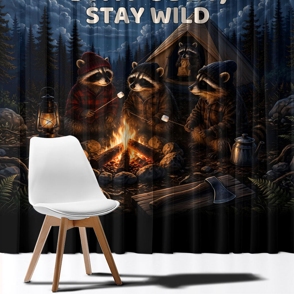 Raccoons Campfire Stay Cozy Stay Wild Window Curtain Starry Night Forest Wildlife