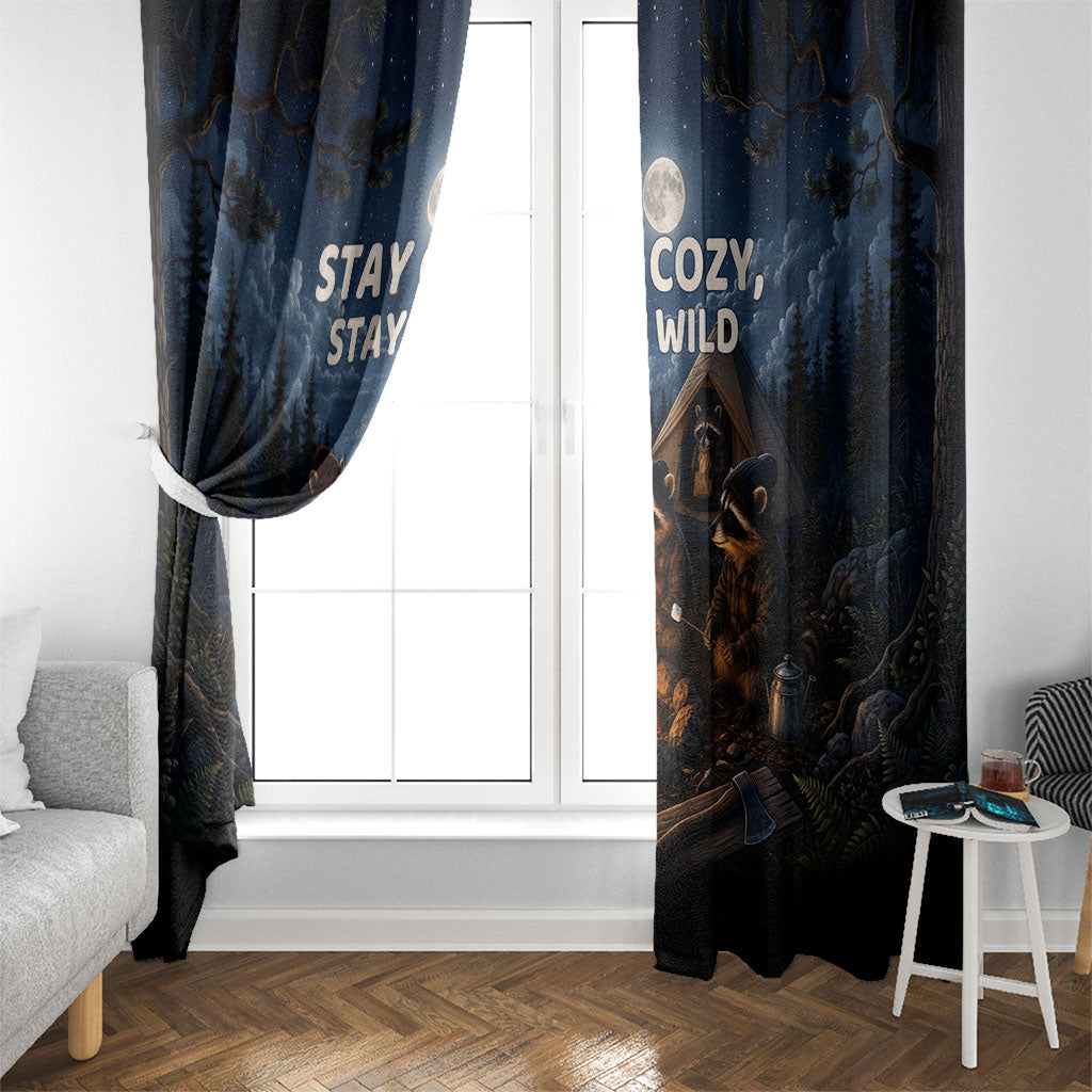 Raccoons Campfire Stay Cozy Stay Wild Window Curtain Starry Night Forest Wildlife