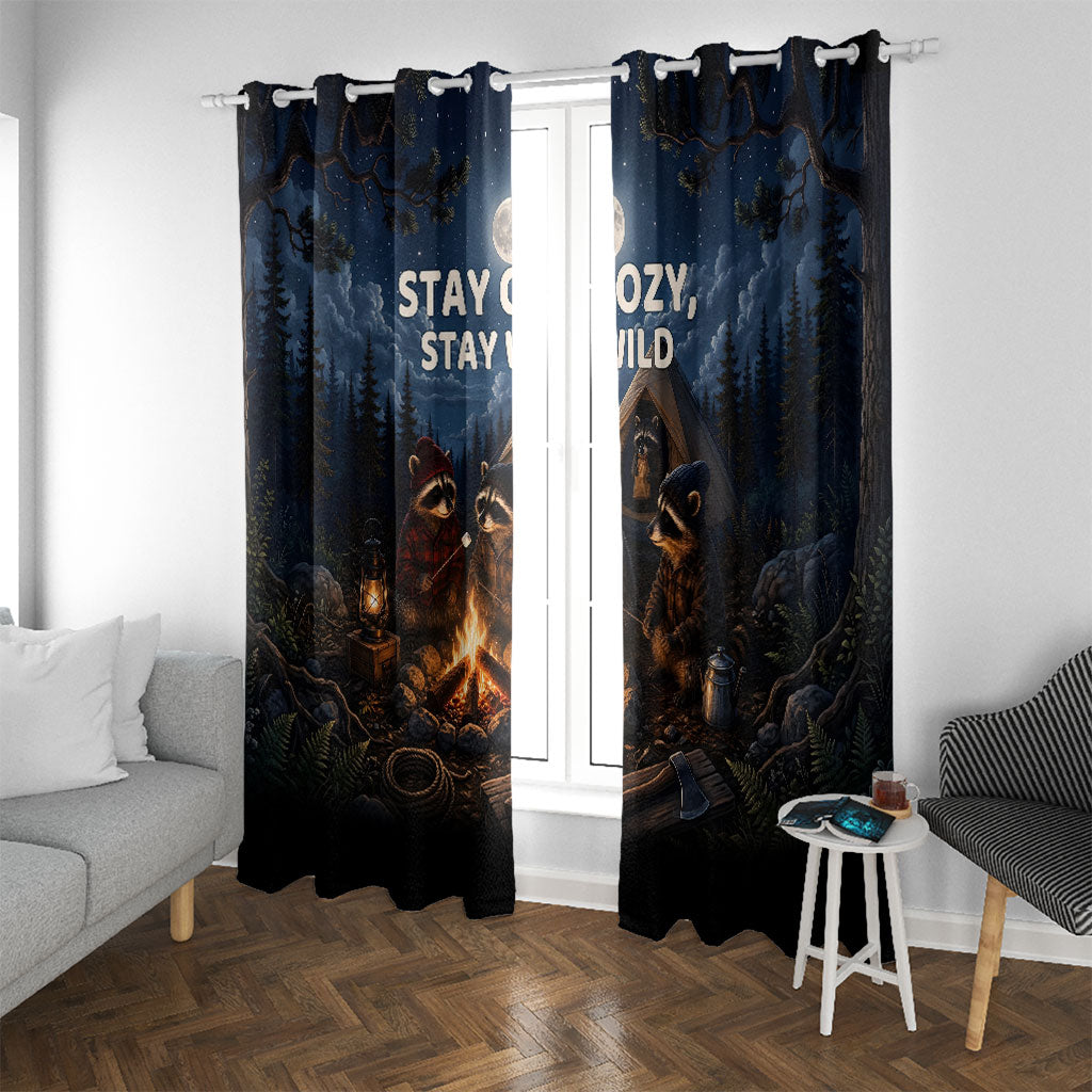 Raccoons Campfire Stay Cozy Stay Wild Window Curtain Starry Night Forest Wildlife