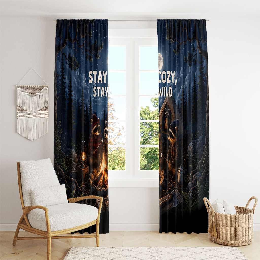 Raccoons Campfire Stay Cozy Stay Wild Window Curtain Starry Night Forest Wildlife