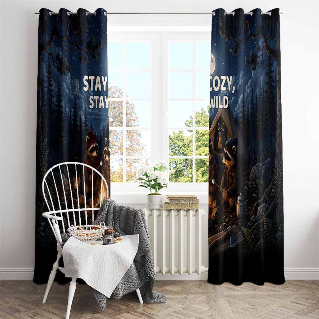 Raccoons Campfire Stay Cozy Stay Wild Window Curtain Starry Night Forest Wildlife