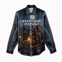 Raccoons Campfire Stay Cozy Stay Wild Women Casual Shirt Starry Night Forest Wildlife