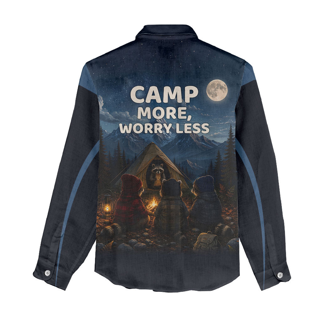 Raccoons Campfire Stay Cozy Stay Wild Women Casual Shirt Starry Night Forest Wildlife