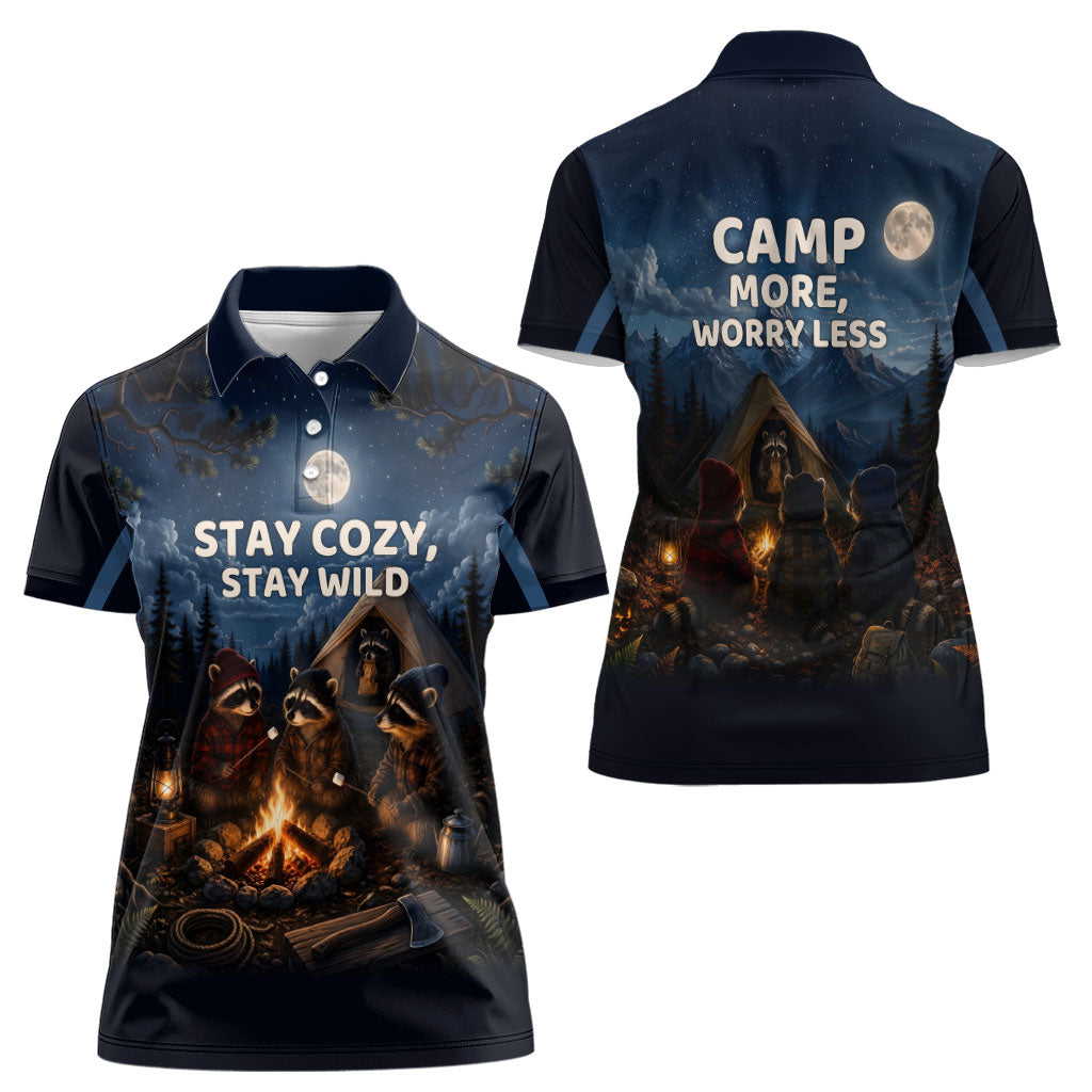 Raccoons Campfire Stay Cozy Stay Wild Women Polo Shirt Starry Night Forest Wildlife