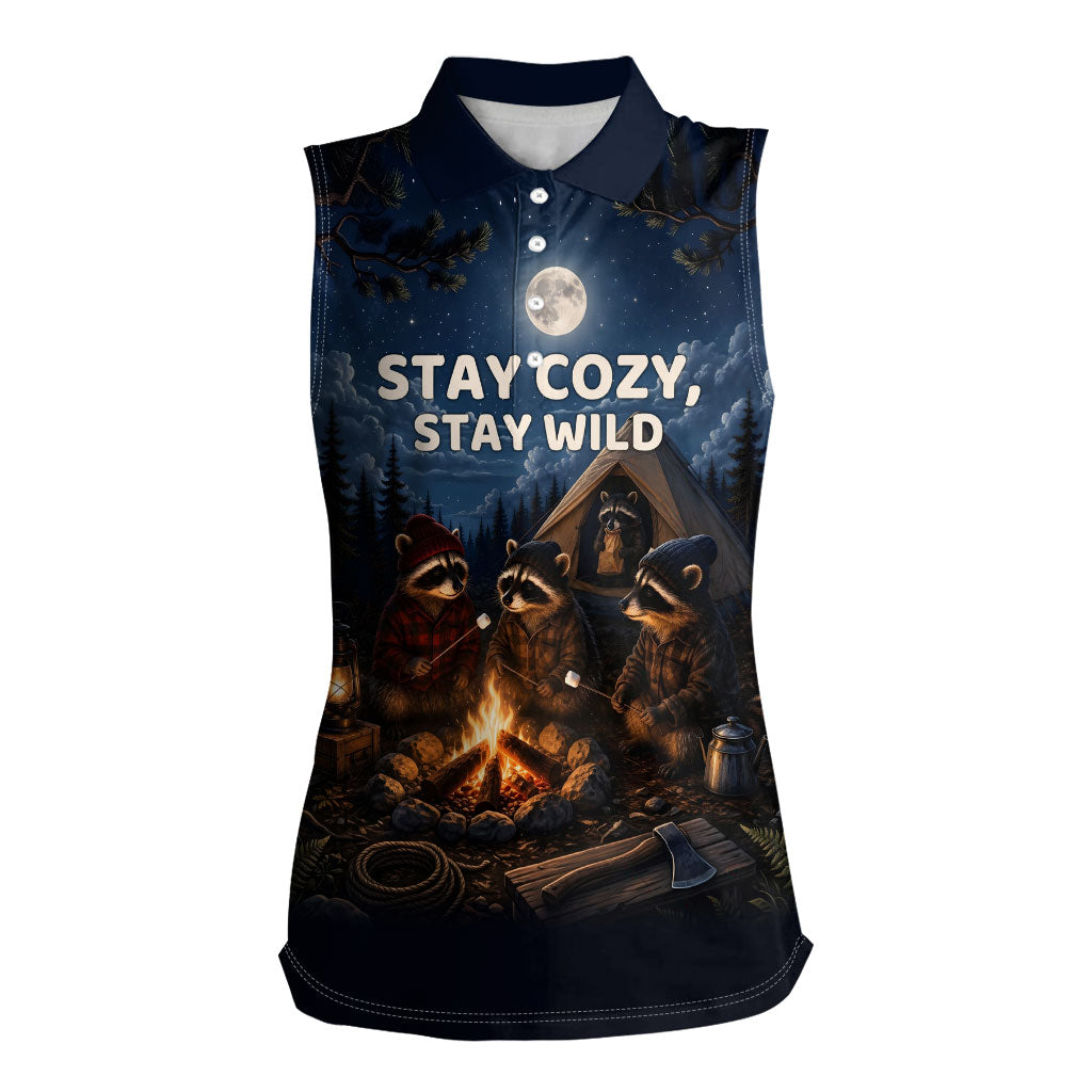 Raccoons Campfire Stay Cozy Stay Wild Women Sleeveless Polo Shirt Starry Night Forest Wildlife