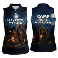 Raccoons Campfire Stay Cozy Stay Wild Women Sleeveless Polo Shirt Starry Night Forest Wildlife