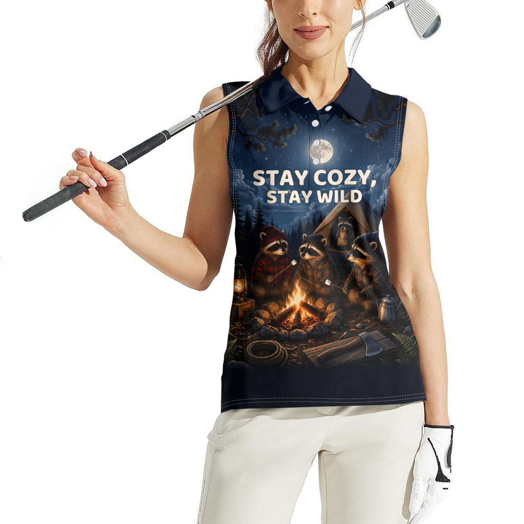 Raccoons Campfire Stay Cozy Stay Wild Women Sleeveless Polo Shirt Starry Night Forest Wildlife