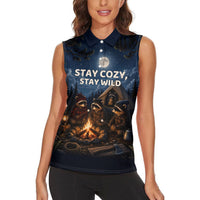 Raccoons Campfire Stay Cozy Stay Wild Women Sleeveless Polo Shirt Starry Night Forest Wildlife