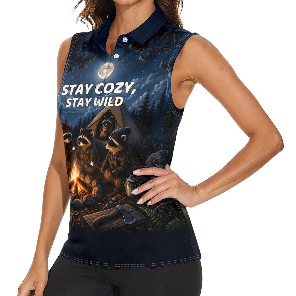 Raccoons Campfire Stay Cozy Stay Wild Women Sleeveless Polo Shirt Starry Night Forest Wildlife
