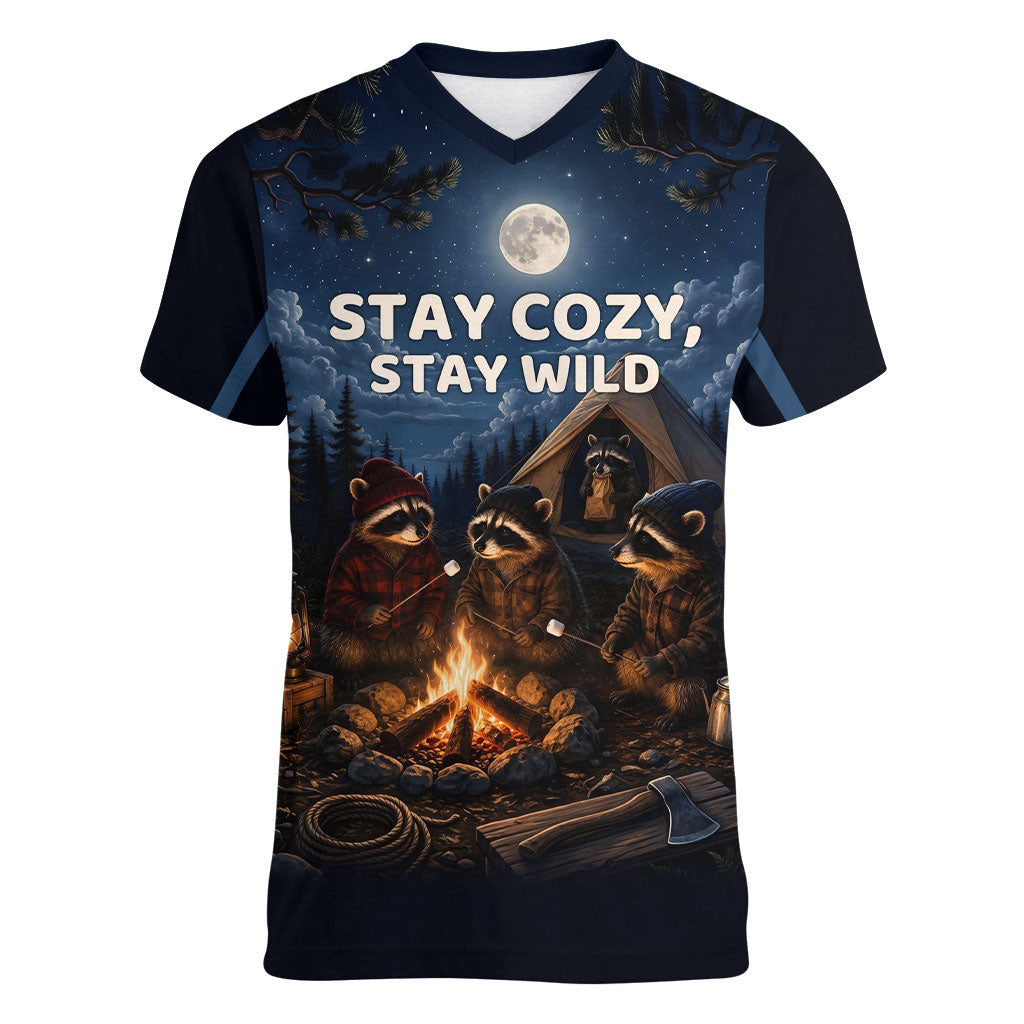 Raccoons Campfire Stay Cozy Stay Wild Women V-Neck T-Shirt Starry Night Forest Wildlife