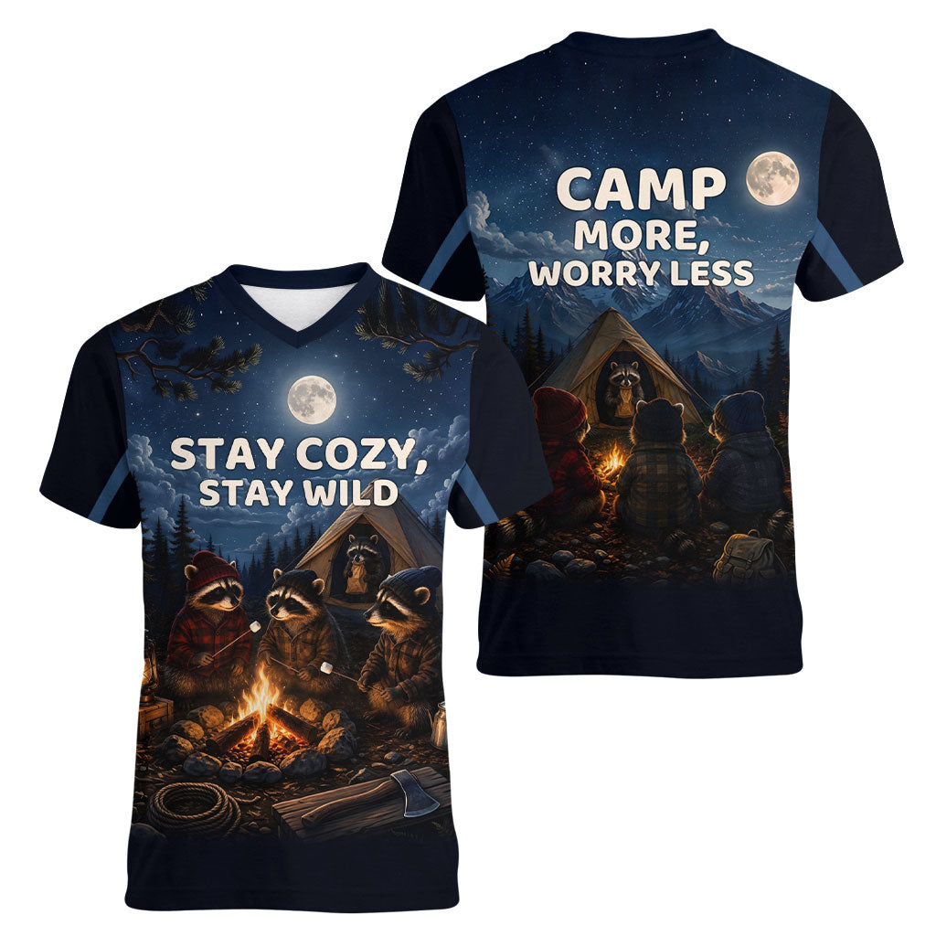 Raccoons Campfire Stay Cozy Stay Wild Women V-Neck T-Shirt Starry Night Forest Wildlife