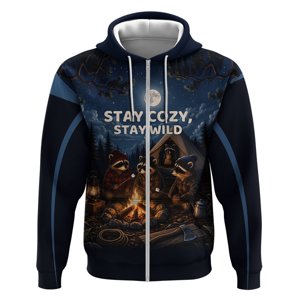Raccoons Campfire Stay Cozy Stay Wild Zip Hoodie Starry Night Forest Wildlife