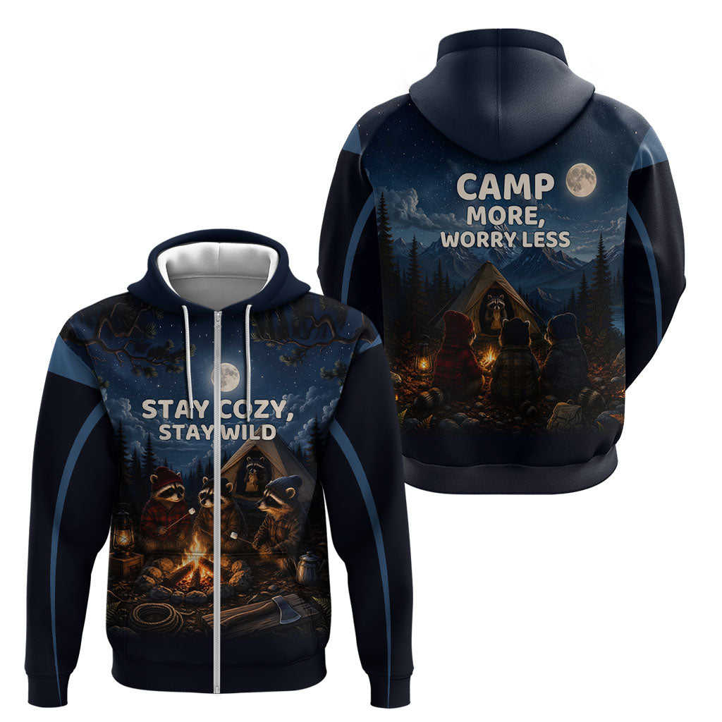 Raccoons Campfire Stay Cozy Stay Wild Zip Hoodie Starry Night Forest Wildlife