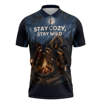 Raccoons Campfire Stay Cozy Stay Wild Zipper Polo Shirt Starry Night Forest Wildlife