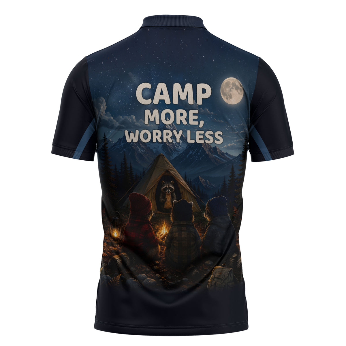 Raccoons Campfire Stay Cozy Stay Wild Zipper Polo Shirt Starry Night Forest Wildlife