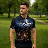 Raccoons Campfire Stay Cozy Stay Wild Zipper Polo Shirt Starry Night Forest Wildlife