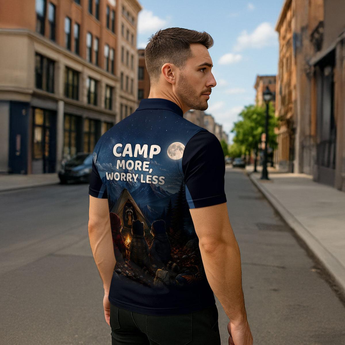 Raccoons Campfire Stay Cozy Stay Wild Zipper Polo Shirt Starry Night Forest Wildlife