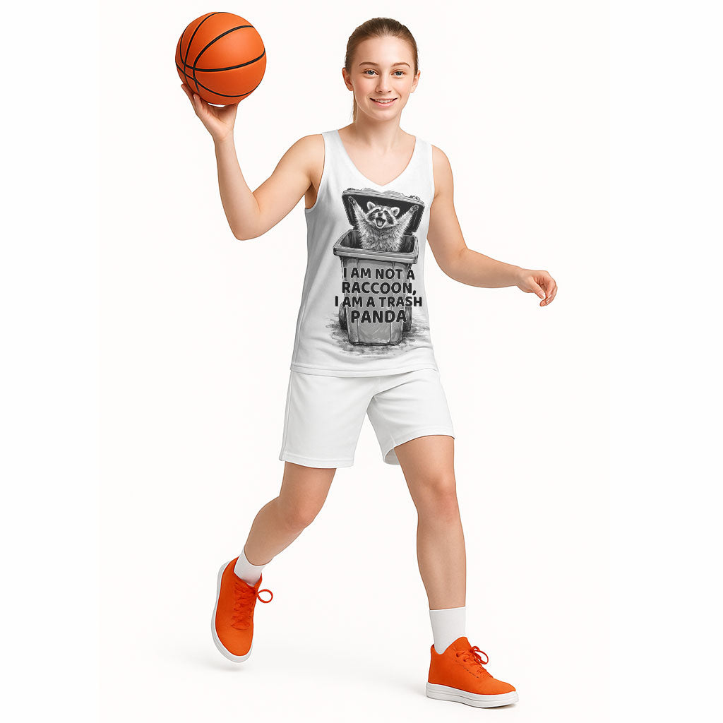 Raccoon I Am Not A Raccoon I Am A Trash Panda Basketball Jersey Funny Animal Meme Grayscale Sketch Illustration