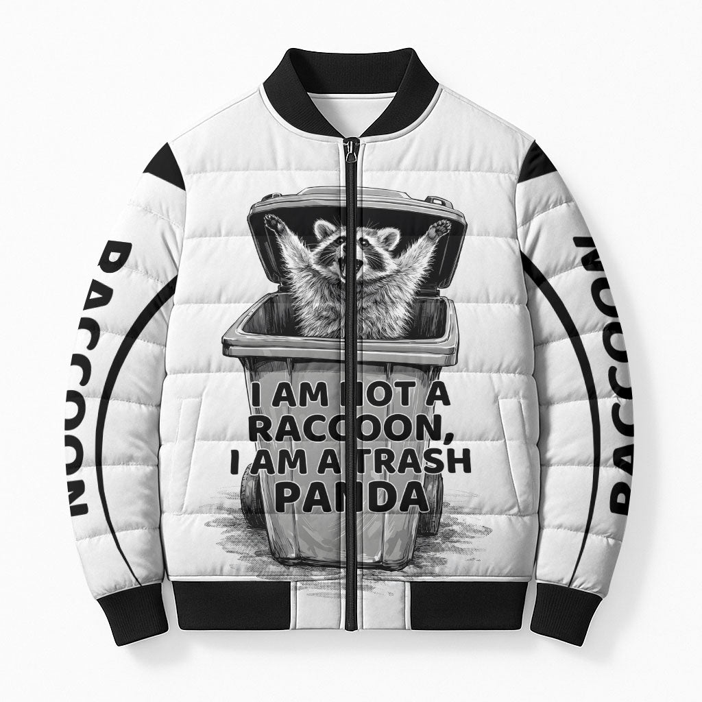 Raccoon I Am Not A Raccoon I Am A Trash Panda Bomber Puffer Jacket Funny Animal Meme Grayscale Sketch Illustration