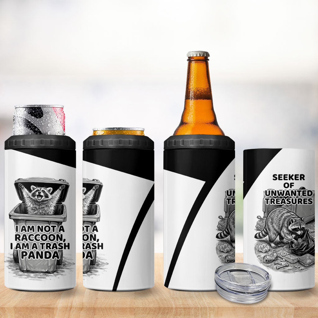 Raccoon I Am Not A Raccoon I Am A Trash Panda 4 in 1 Can Cooler Tumbler Funny Animal Meme Grayscale Sketch Illustration
