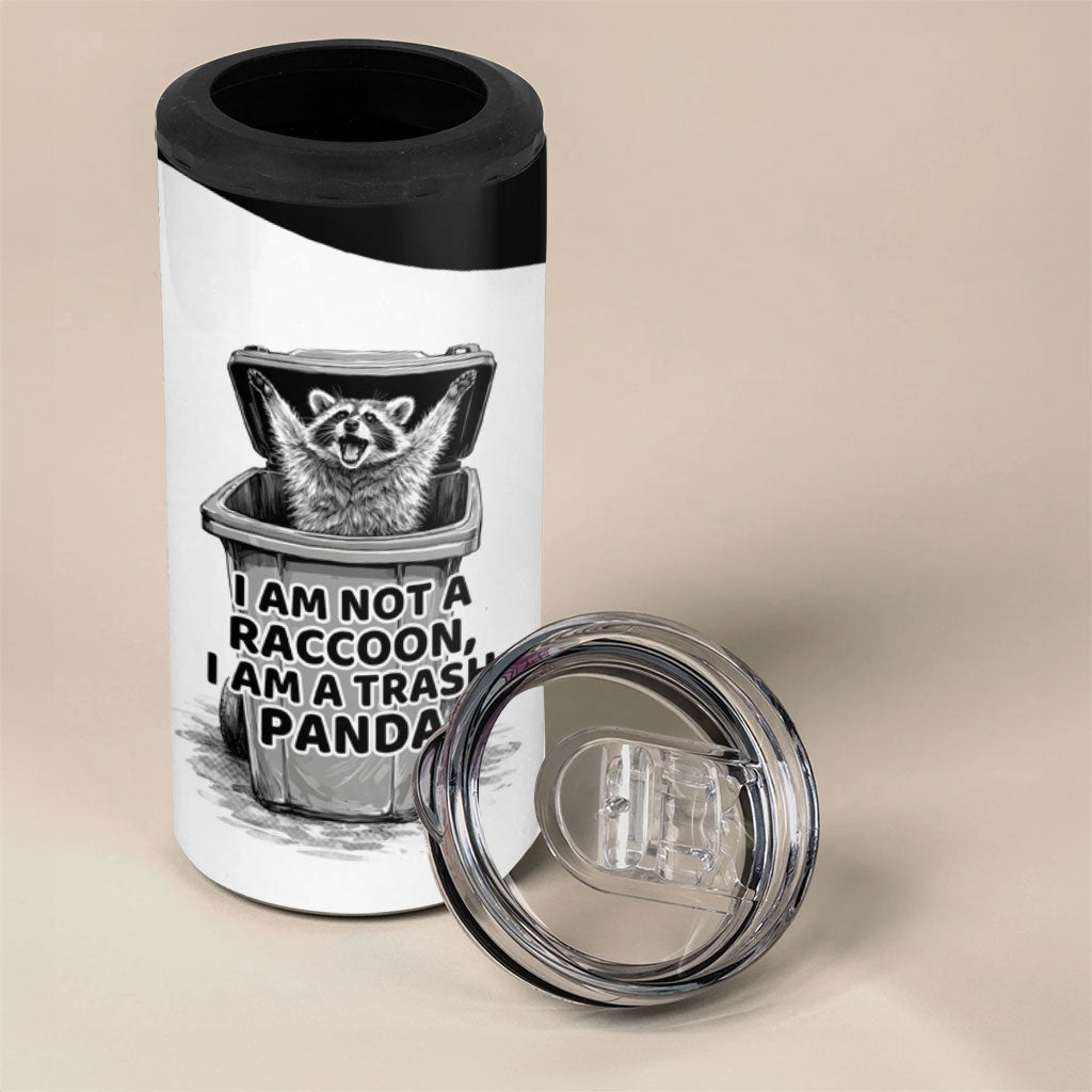 Raccoon I Am Not A Raccoon I Am A Trash Panda 4 in 1 Can Cooler Tumbler Funny Animal Meme Grayscale Sketch Illustration