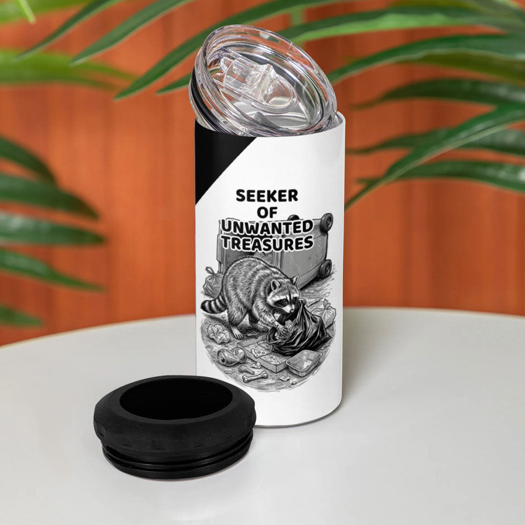 Raccoon I Am Not A Raccoon I Am A Trash Panda 4 in 1 Can Cooler Tumbler Funny Animal Meme Grayscale Sketch Illustration