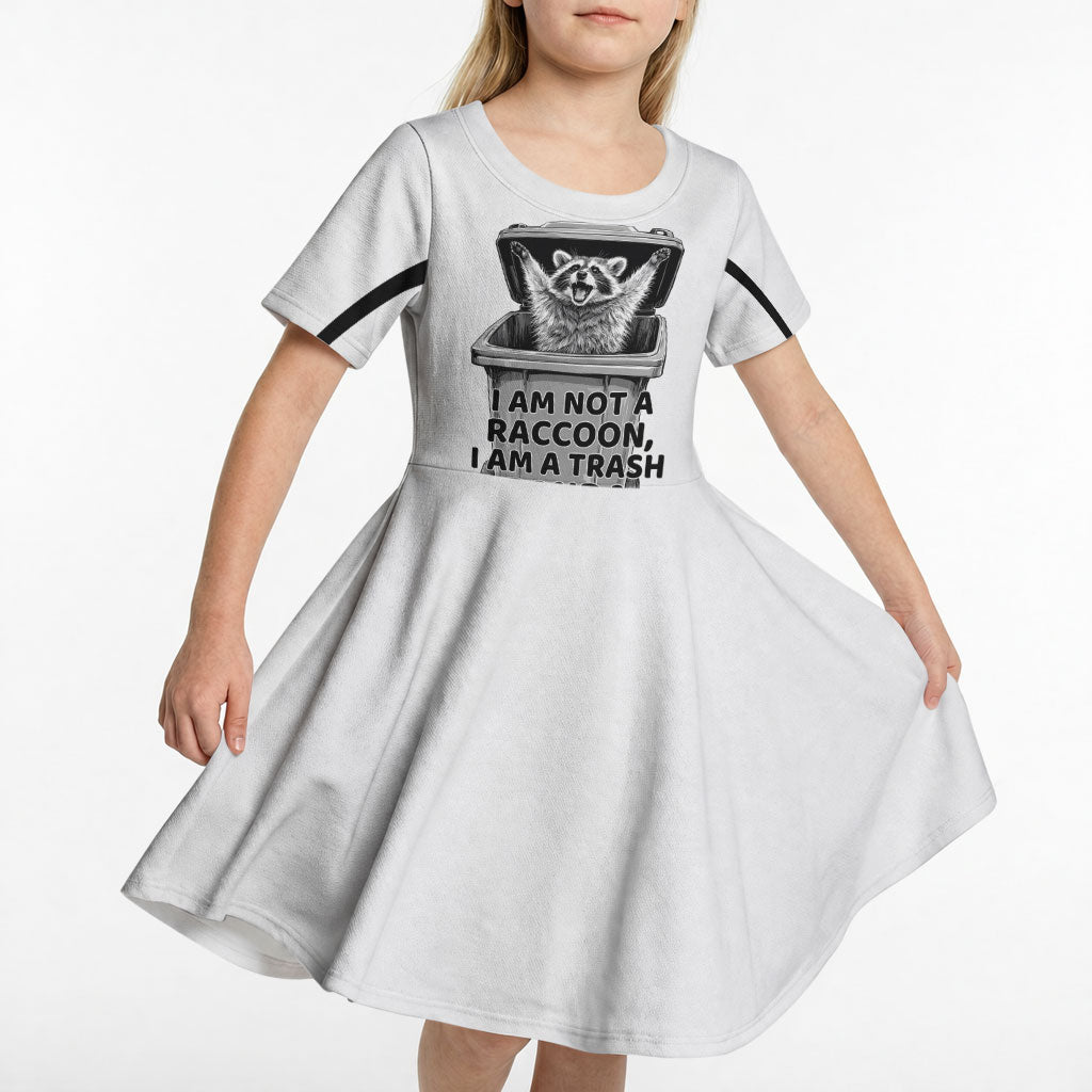Raccoon I Am Not A Raccoon I Am A Trash Panda Kid Short Sleeve Dress Funny Animal Meme Grayscale Sketch Illustration