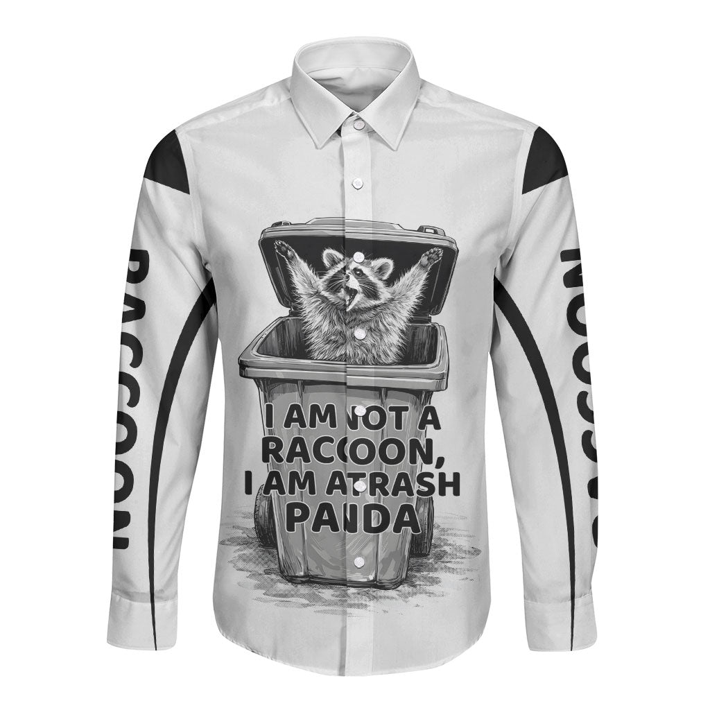 Raccoon I Am Not A Raccoon I Am A Trash Panda Long Sleeve Button Shirt Funny Animal Meme Grayscale Sketch Illustration