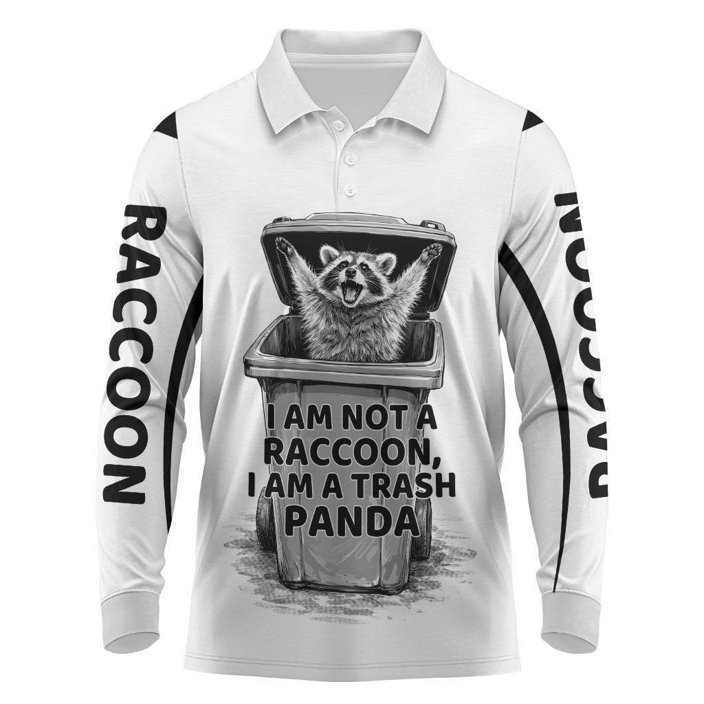 Raccoon I Am Not A Raccoon I Am A Trash Panda Long Sleeve Polo Shirt Funny Animal Meme Grayscale Sketch Illustration