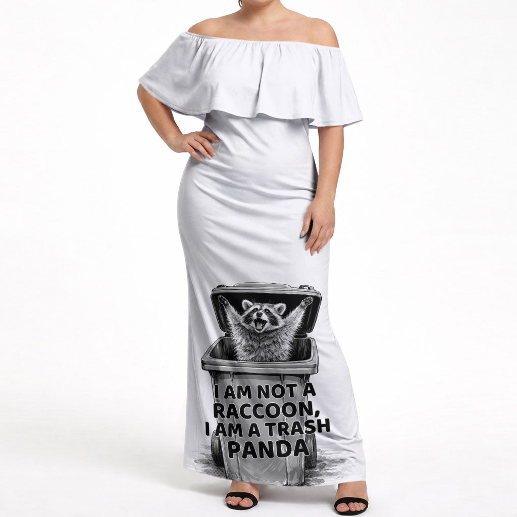 Raccoon I Am Not A Raccoon I Am A Trash Panda Off Shoulder Maxi Dress Funny Animal Meme Grayscale Sketch Illustration