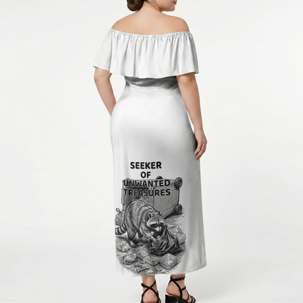 Raccoon I Am Not A Raccoon I Am A Trash Panda Off Shoulder Maxi Dress Funny Animal Meme Grayscale Sketch Illustration