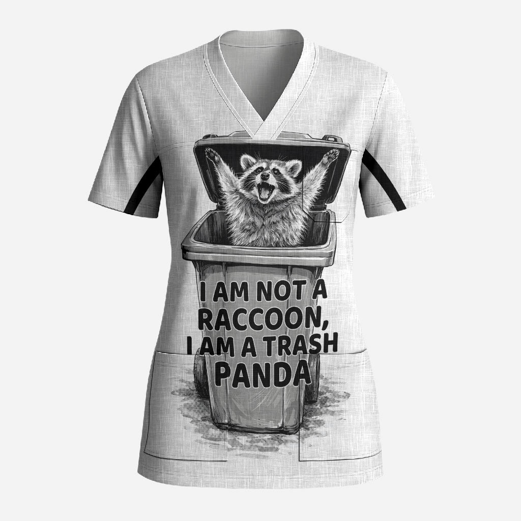 Raccoon I Am Not A Raccoon I Am A Trash Panda Scrub Top Funny Animal Meme Grayscale Sketch Illustration