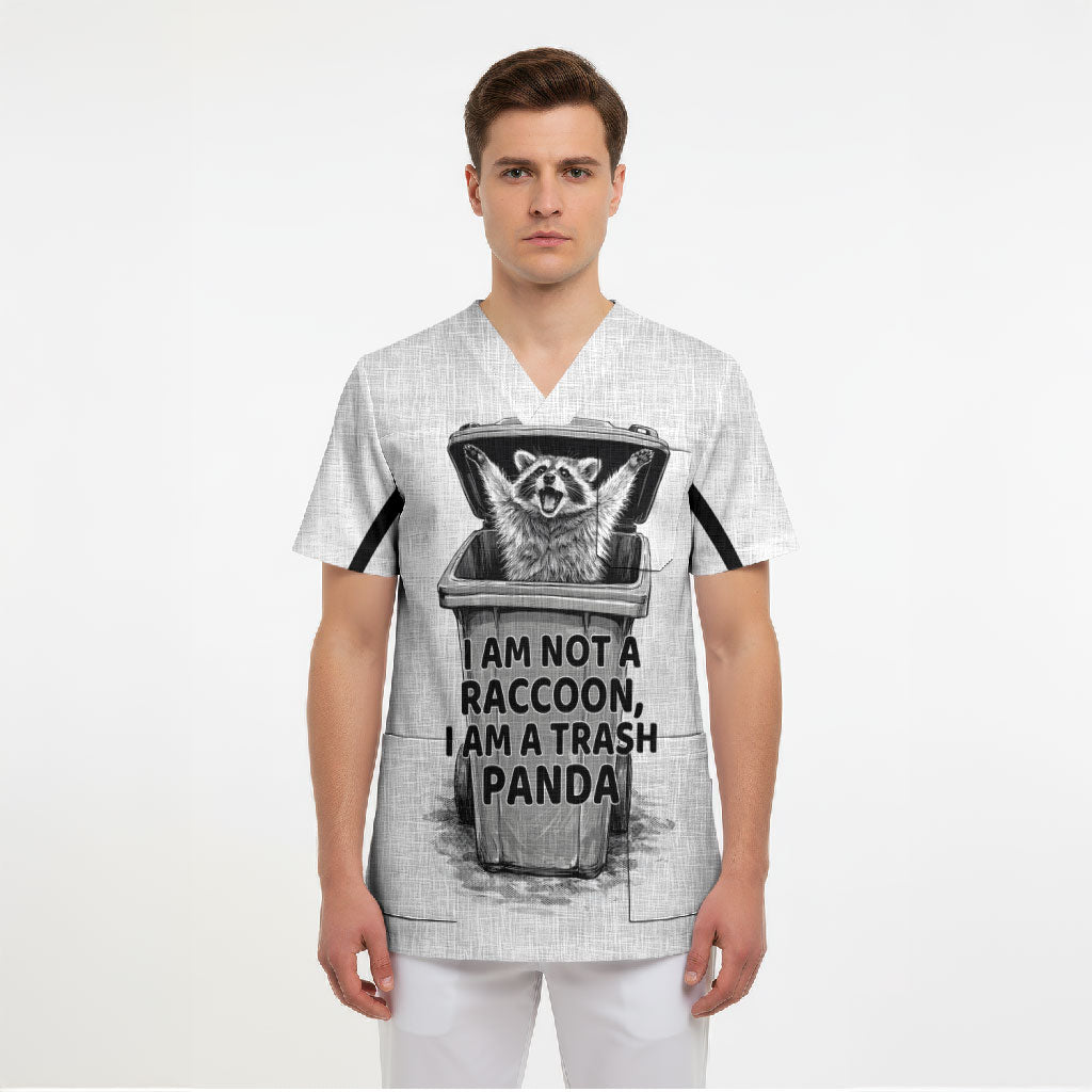 Raccoon I Am Not A Raccoon I Am A Trash Panda Scrub Top Funny Animal Meme Grayscale Sketch Illustration